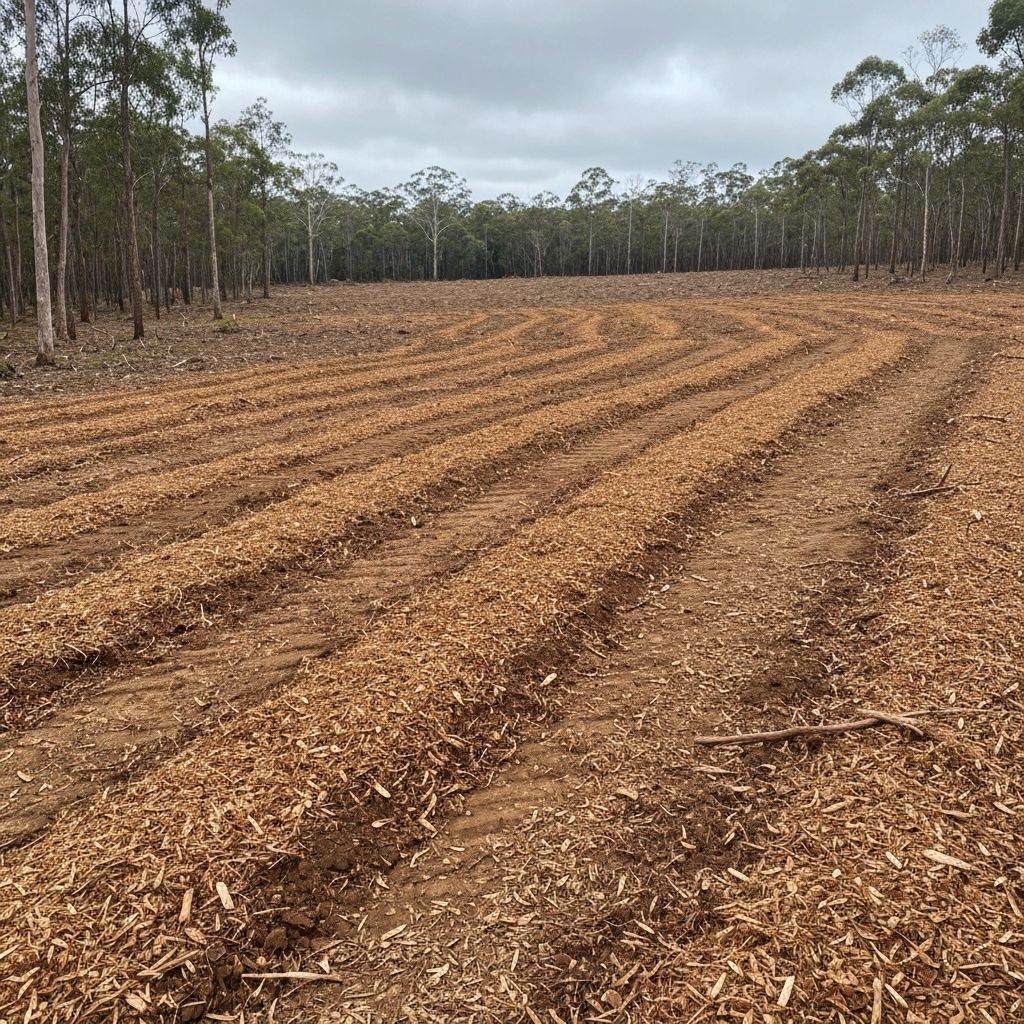 Cleared Australian bushland acreage with wood chip mulch on the ground