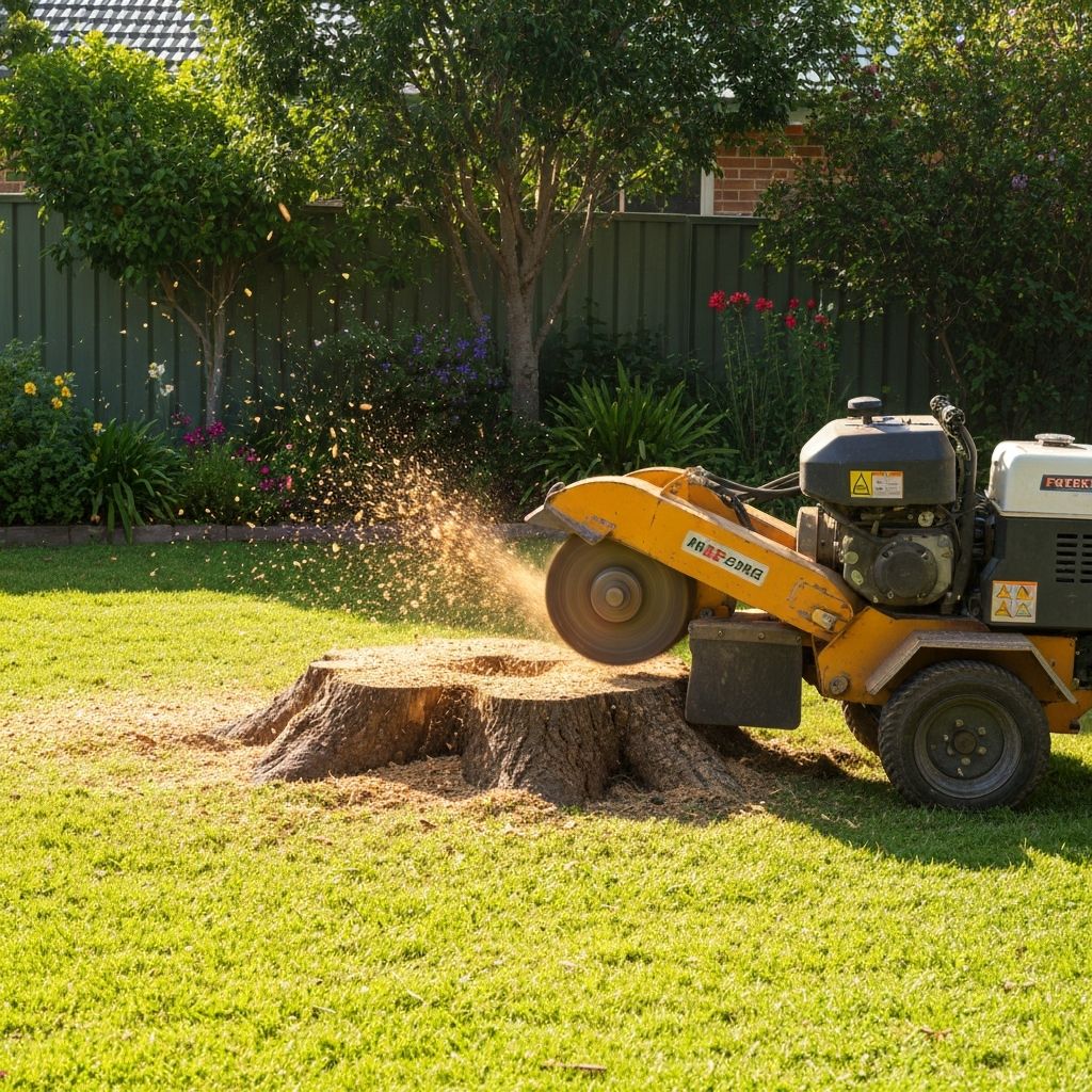 Tree stump being ground down with a stump grinder, wood chips scattered in backyard