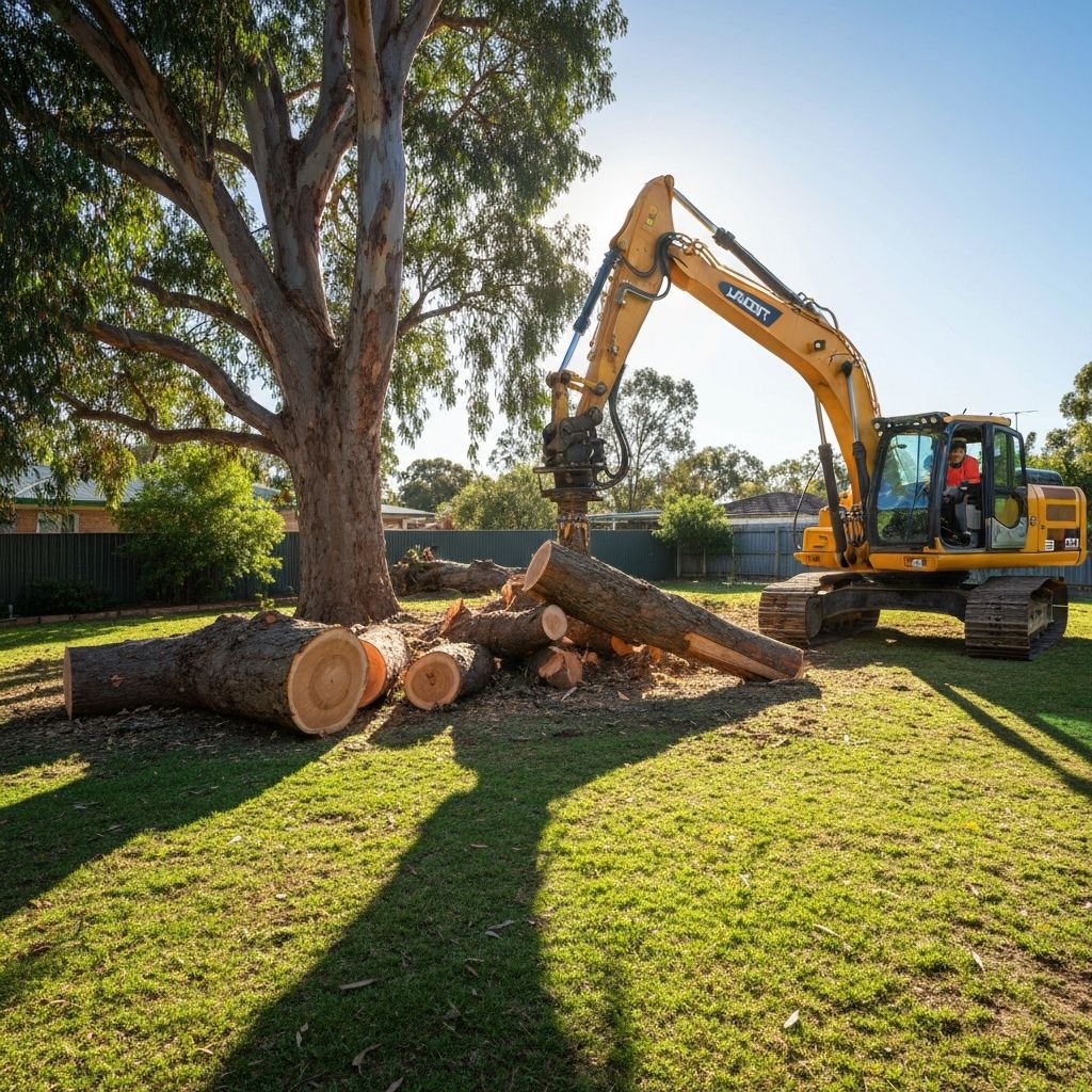 Large tree removed in an Australian suburban backyard, cut log sections on ground